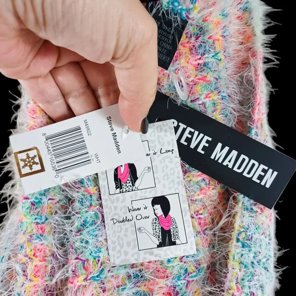 Steve Madden NWT Fuzzy Eyelash Knit Infinity Loop Scarf Pastel Rainbow Soft Cozy